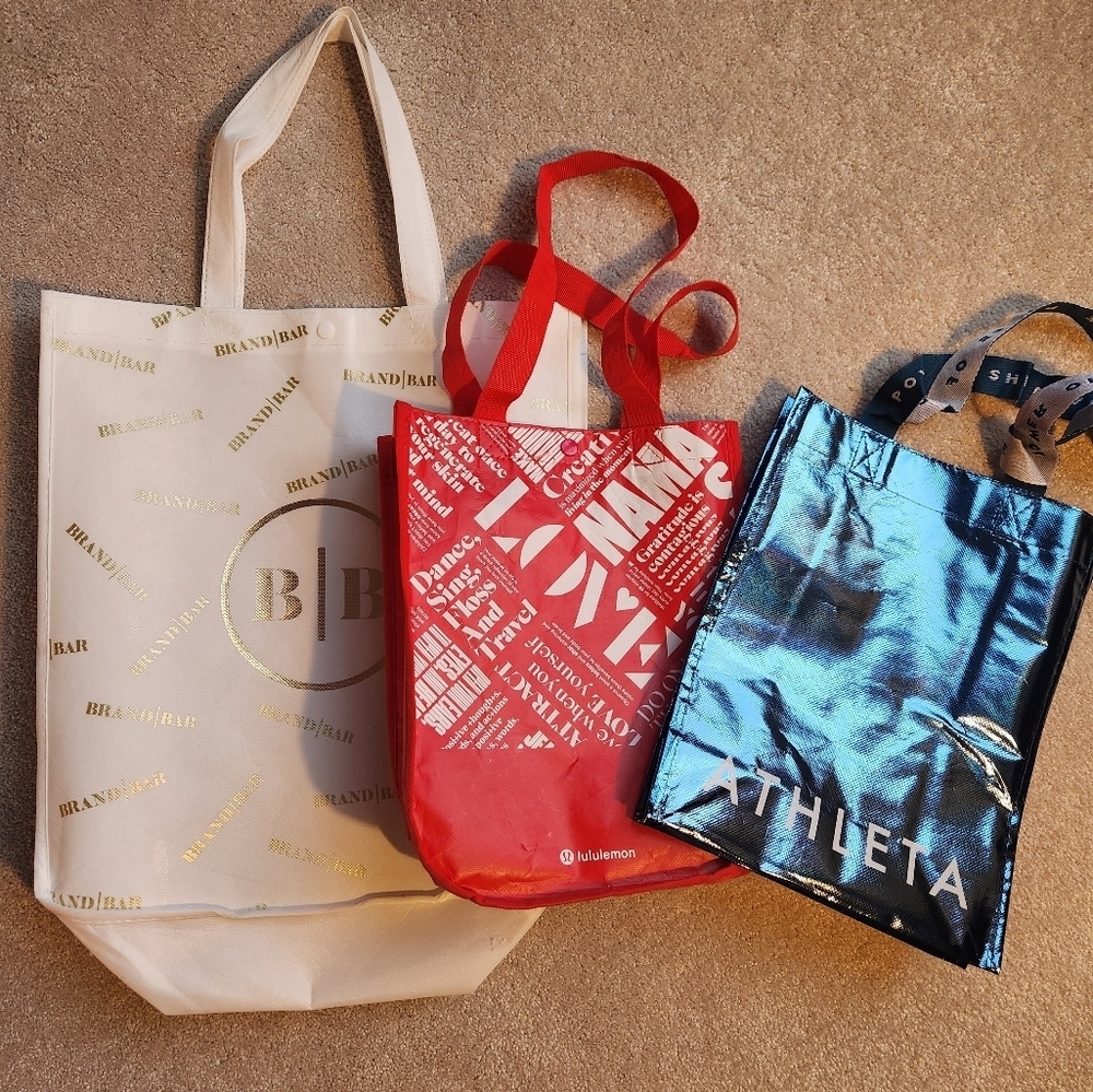 Athleta, Lululemon, Brand Bar Tote Bag Bundle - Metallic Blue, Red & Cream